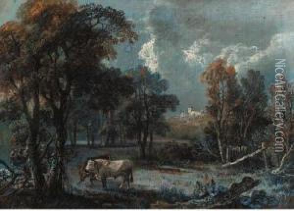 Cattle In A Clearing, A Church Beyond Oil Painting - George Cuitt