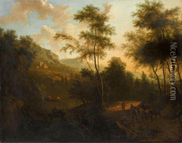 An Extensive Italianate Landscape With Mounted Travellers In The Foreground Oil Painting - Frederick De Moucheron