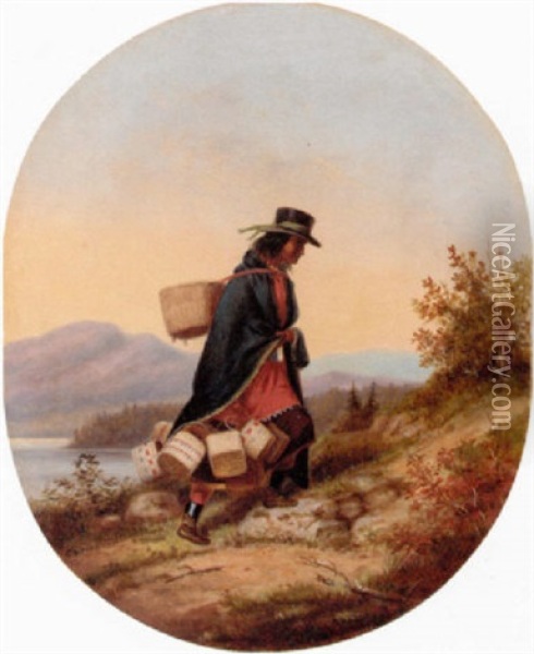 Indian Basket Seller In Autumn Landscape Oil Painting - Cornelius David Krieghoff