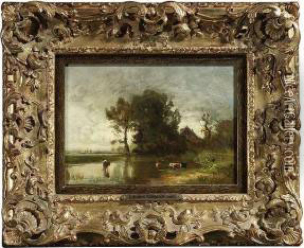 Landscape With Cows At A Pond. Oil Painting - Schleich Eduard I & Bach Alois