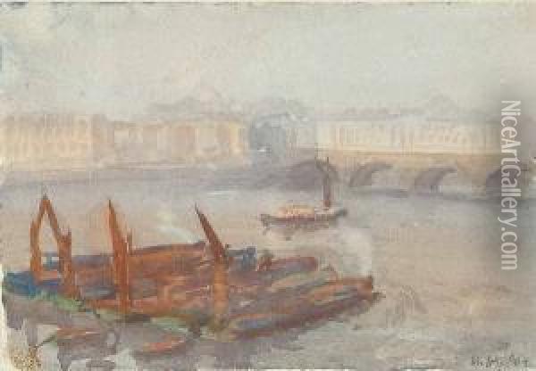 A View Down The Thames, Thought To Be Waterloo Bridge Oil Painting - Herbert Menzies Marshall