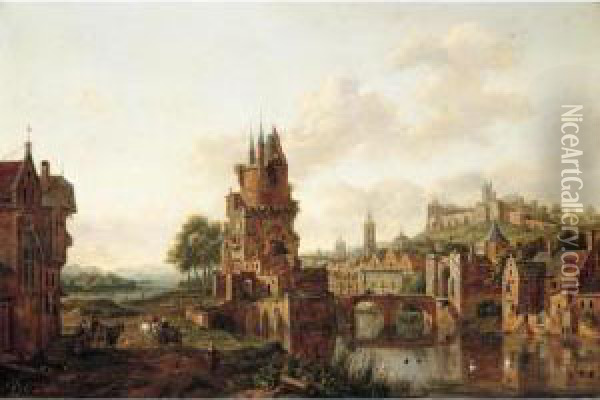 A View Of A Town By A River With Peasants And Travellers On A Path In The Foreground Oil Painting - Hendrik Frans de Cort