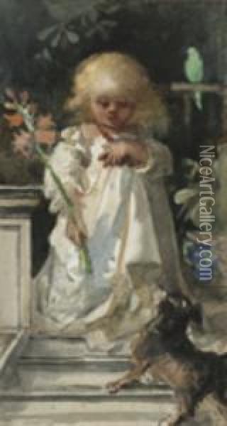 A Young Girl Carrying Magnolias Oil Painting - Louisa Anne, Marchioness of Waterford
