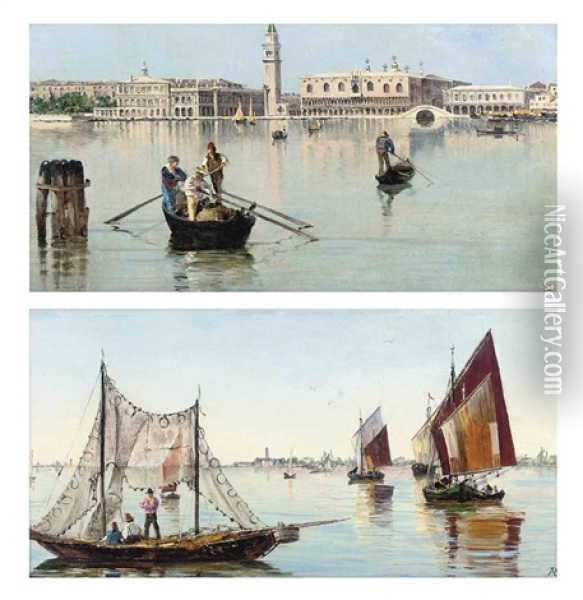 The Bacino Di San Marco, Venice(+ Fishermen On The Venetian Lagoon; Pair) Oil Painting - Antonietta Brandeis