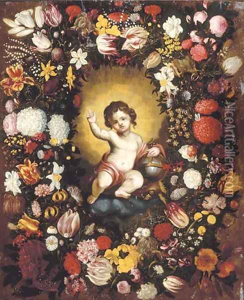A garland of flowers surrounding an image of the Infant Christ Oil Painting - Nicolaas Van Veerendael