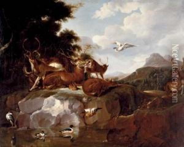 Deer, Ducks, A Rabbit, A Spoonbill And Other Animals In A Landscape Oil Painting - Carl Borromaus Andreas Ruthart