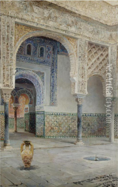A Moorish Courtyard, Seville Oil Painting - Jose Montenegro Capell