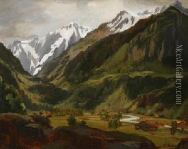 An Alpine Valley Oil Painting - Johann Novopacky