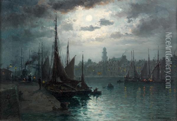 Marine Au Clair De Lune Devant Le Port D'amsterdam Oil Painting - Louis Timmermans