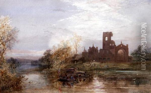 Kirkstall Abbey, With Figures In Punts On The River Before Oil Painting - Hubert Coutts