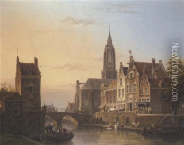 A View Of A Canal In A Dutch Town Oil Painting - Cornelis Christiaan Dommelshuizen