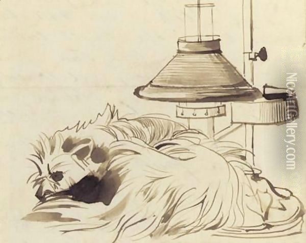 A Dog Asleep Beside A Reading Lamp Oil Painting - Daniel Maclise