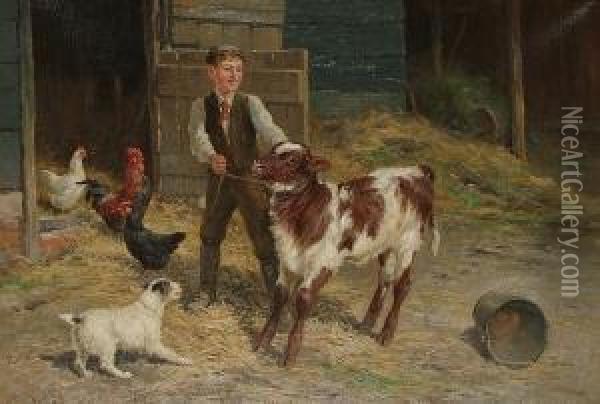 A Farmyard, With A Young Boy, His Dog And A Calf In The Foreground Oil Painting - Claude Cardon