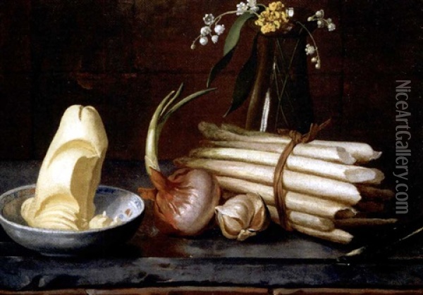 A Still Life Of Asparagus, An Onion, Garlic, Butter In A Bowl And Flowers In A Glass Vase, All On A Marble Ledge Oil Painting - Nicolas Henry Jeaurat De Bertry