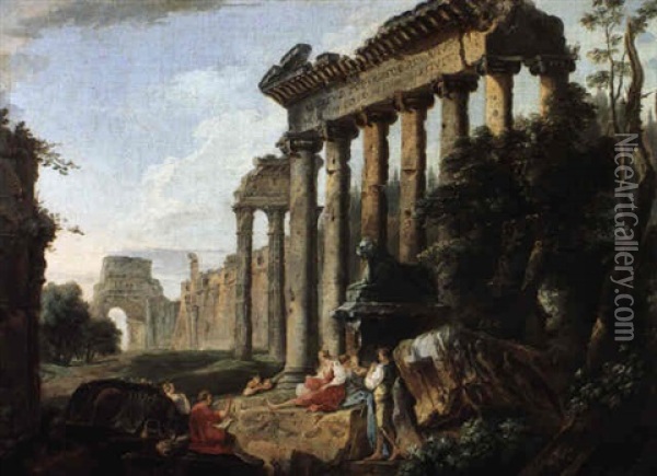 Landscape With Figures Amongst Ruins Oil Painting - Hubert Robert