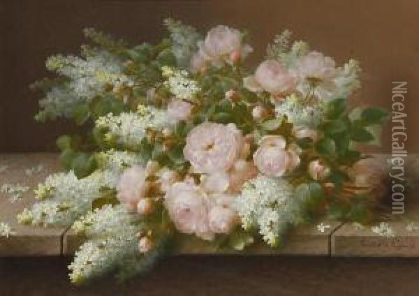 Pink Roses And Lilac Oil Painting - Raoul Maucherat de Longpre