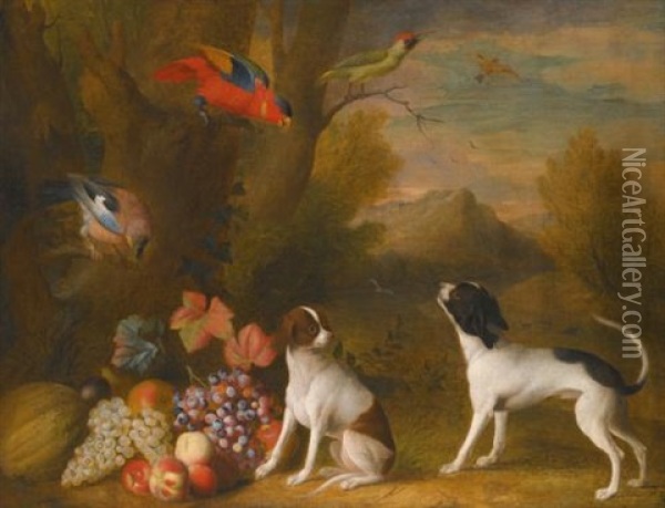 Landscape With Exotic Birds And Two Dogs Oil Painting - Jakob Bogdani