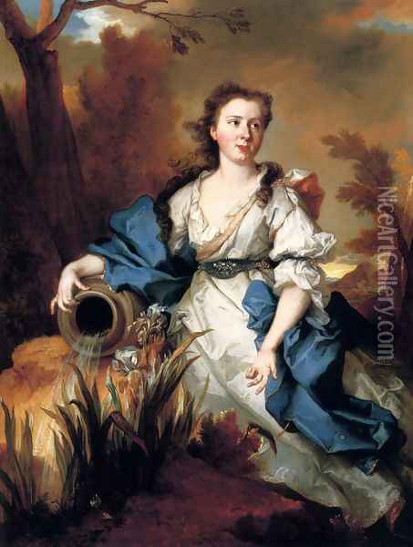 Portrait of Marianne de Mahony, full-length, in a blue and white dress, as a water nymph Oil Painting - Nicolas de Largillierre