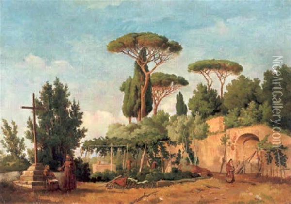 Capuciner-klostergarden Vid Frascati - Motiv Med Munkar Samt Hoga Cypresser Och Pinjer Oil Painting - Gustaf Wilhelm Palm