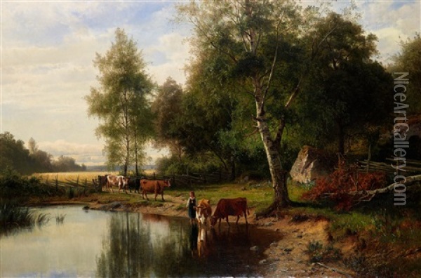 Landskap Med Kor Och Vallflicka Oil Painting - Edward (Johan-Edvard) Bergh