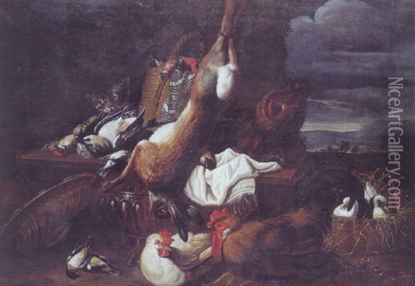 Opstilling Med Hare, Vildsvin Og Fugle Samt Hons, Kurv Med Duer Og Kat Oil Painting - Jacob van der Kerckhoven