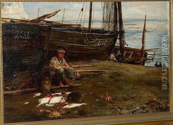 A Young Fisherman By The Boats Oil Painting - John Robertson Reid