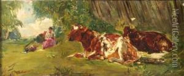 The Cow Herder, Mid-day Rest Oil Painting - Alexander Jnr. Fraser