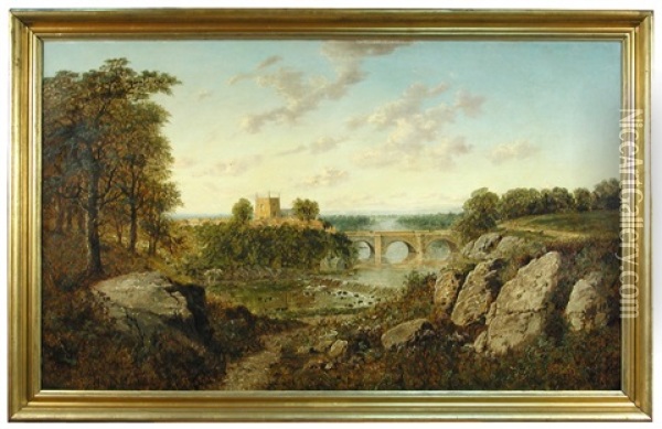 First Hint Of Autumn-ludford Bridge, Shropshire Oil Painting - Edmund John Niemann