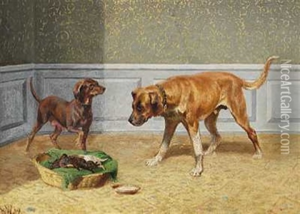 "caecar" Og "diana". To Hunde Og Hvalpe I En Kurv Oil Painting - Adolf Heinrich Mackeprang