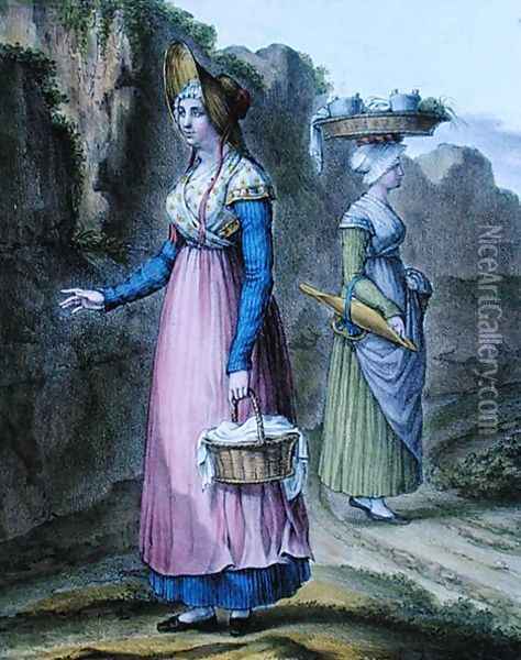 Peasant Girls from the Lyon Region, plate 2 from 'Suite de Costumes', c.1845 Oil Painting - Charpentier