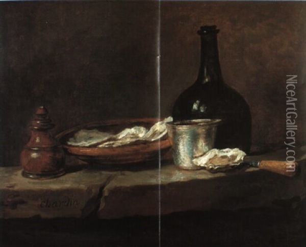 Still Life With A Dish Of Oysters And A Bottle Oil Painting - Jean-Baptiste-Simeon Chardin
