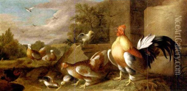 A Rooster, Hen And Other Fowl In An Extensive Landscape Oil Painting - Jakob Bogdani