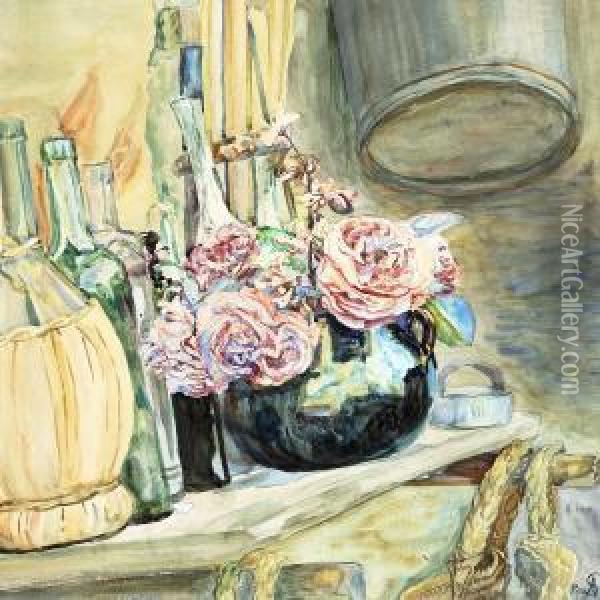 Pink Roses And Chianti Bottle On A Sill Oil Painting - Anna L., Nee Hansen Syberg