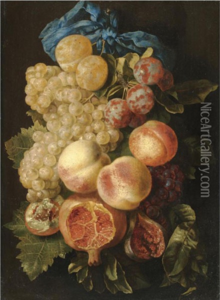 A Still Life With Plums, Grapes, Peaches And A Pomegranate Tied With A Blue Ribbon Oil Painting - Carstiaen Luyckx