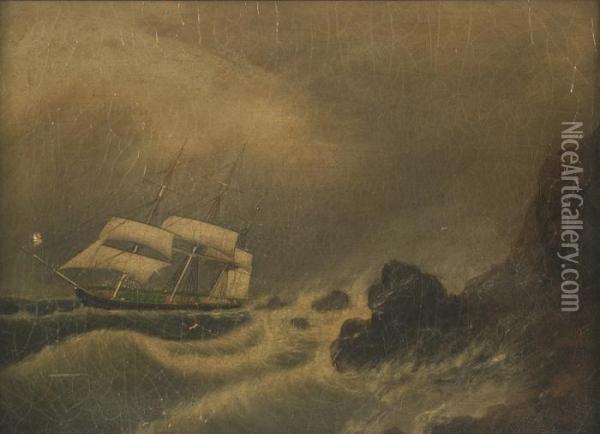 A Ship Off Arocky Coast In A Storm Oil Painting - Clement Drew