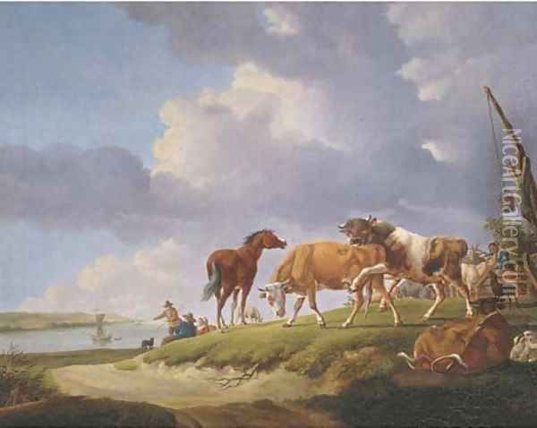 A river bank with herdsmen resting and tending their cattle Oil Painting - Jacob van Strij