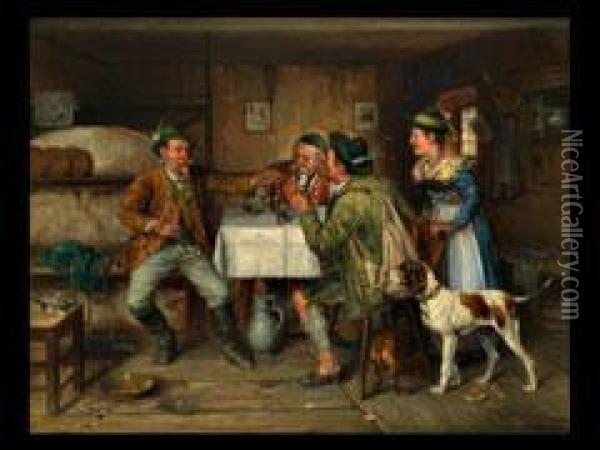 Weintrinkende Bauern In Einer Stube Oil Painting - Johann Adalbert Heine
