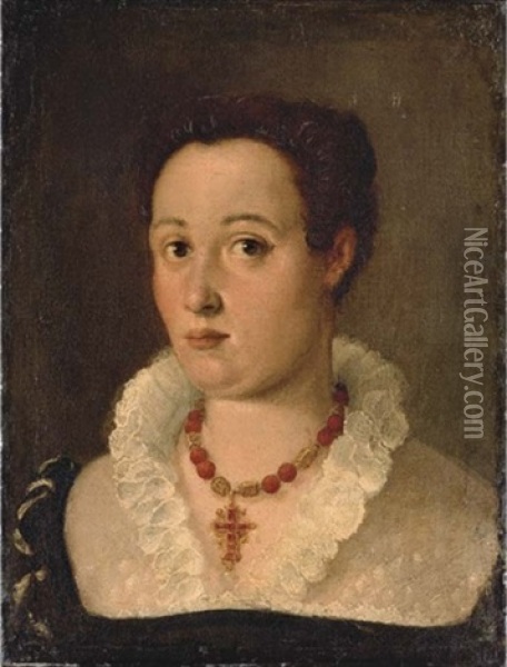 Portrait Of A Lady, Bust-length, In A Silk Black Dress With A White Lace Collar Oil Painting - Bernardino Campi