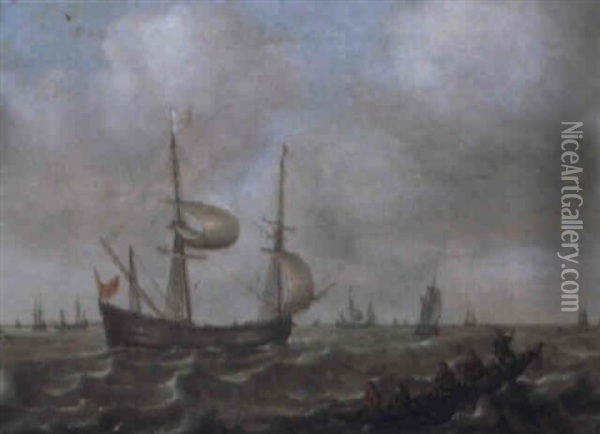 Marin Med Segelfartyg Och Roddbat Oil Painting - Justus Verwer