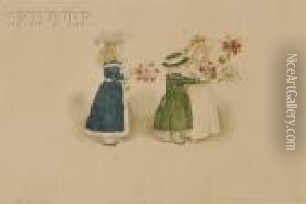 Portrait Of Three Girls With Bouquets Oil Painting - Kate Greenaway