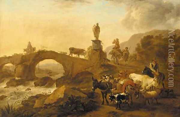 A mountainous landscape with drovers and their cattle crossing a bridge Oil Painting - Nicolaes Berchem