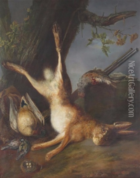 A Hare And Other Dead Game Near A Tree Oil Painting - Charles Antoine Clevenbergh