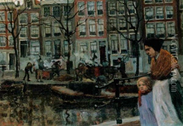 Figures By An Amsterdam Canal Oil Painting - Frans Langeveld