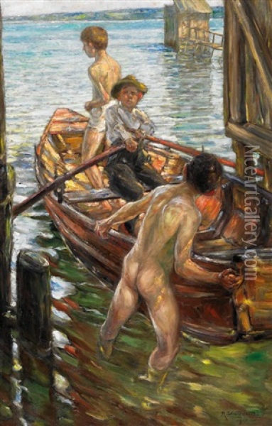 Im Sommer. Drei Jungen Im Ruderboot Oil Painting - Richard Winternitz