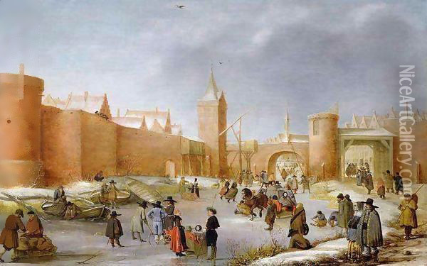 Skaters and Kolf Players Outside the City Walls of Kampen Oil Painting - Barent Avercamp