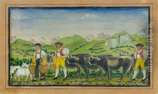 Driving The Cows To The Mountain Pastures, With Alpine Herdsmen Bearing Bells At The Head Of The Cow Train Oil Painting - Johannes Mueller