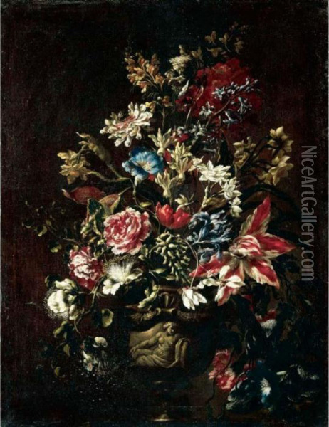 A Still Life Of Carnations, 
Lilies, Peonies, Irises And Other Flowers In Stone Urn On A Pedestal Oil Painting - Mario Nuzzi Mario Dei Fiori