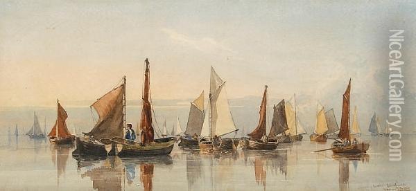 'shrimp Boats Becalmed, Yarm'th Roads, Sunrise' Oil Painting - W.H. Hunt