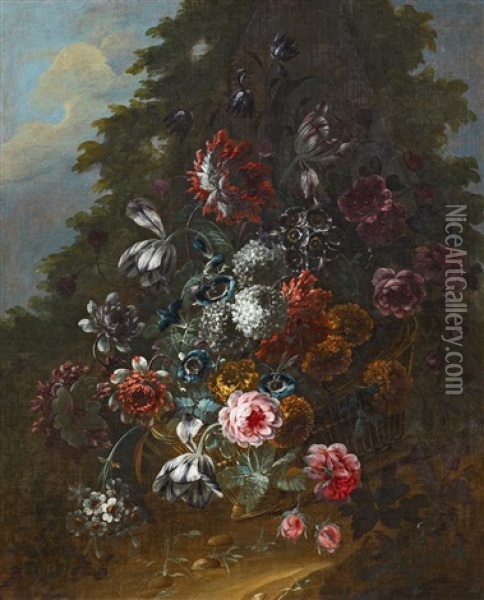 Groses Blumenstillleben In Einem Geflochtenen Korb Vor Landschaft Oil Painting - Jean-Baptiste Morel