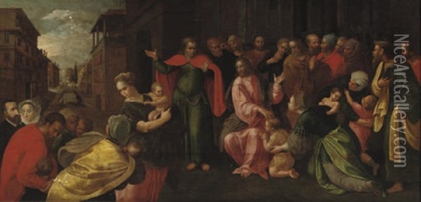 Christ Suffering The Children To Come Unto Him Oil Painting - Adam van Noort the Elder